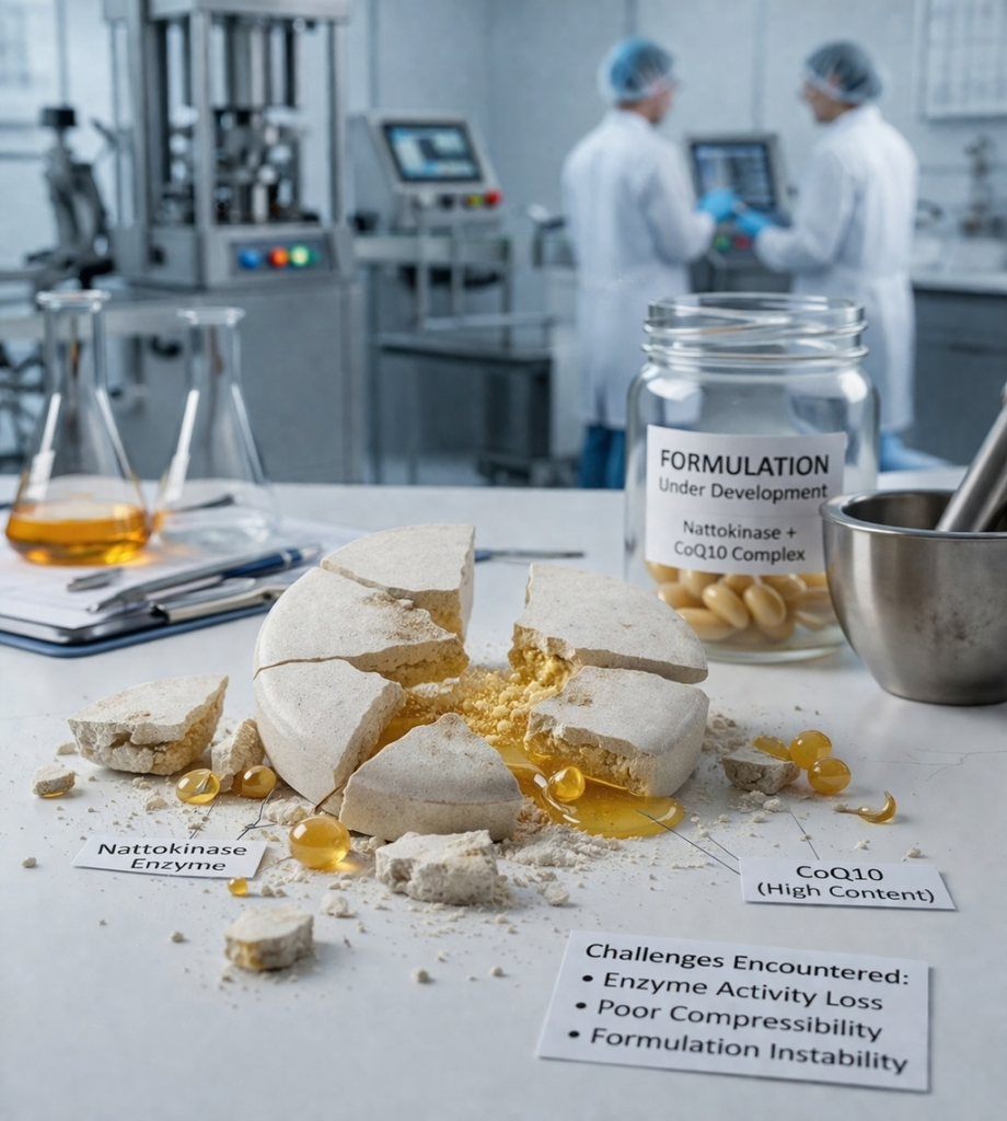 Japanese lab professionals researching Nattokinase and CoQ10 supplement stability