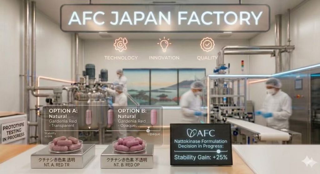 AFC Japan Factory Nattokinase formulation stability test showing 25 percent stability gain